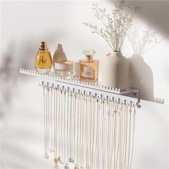 Wall mounted jewelry organizer necklace holder with hooks and tray for earrings - Picture 3 of 7